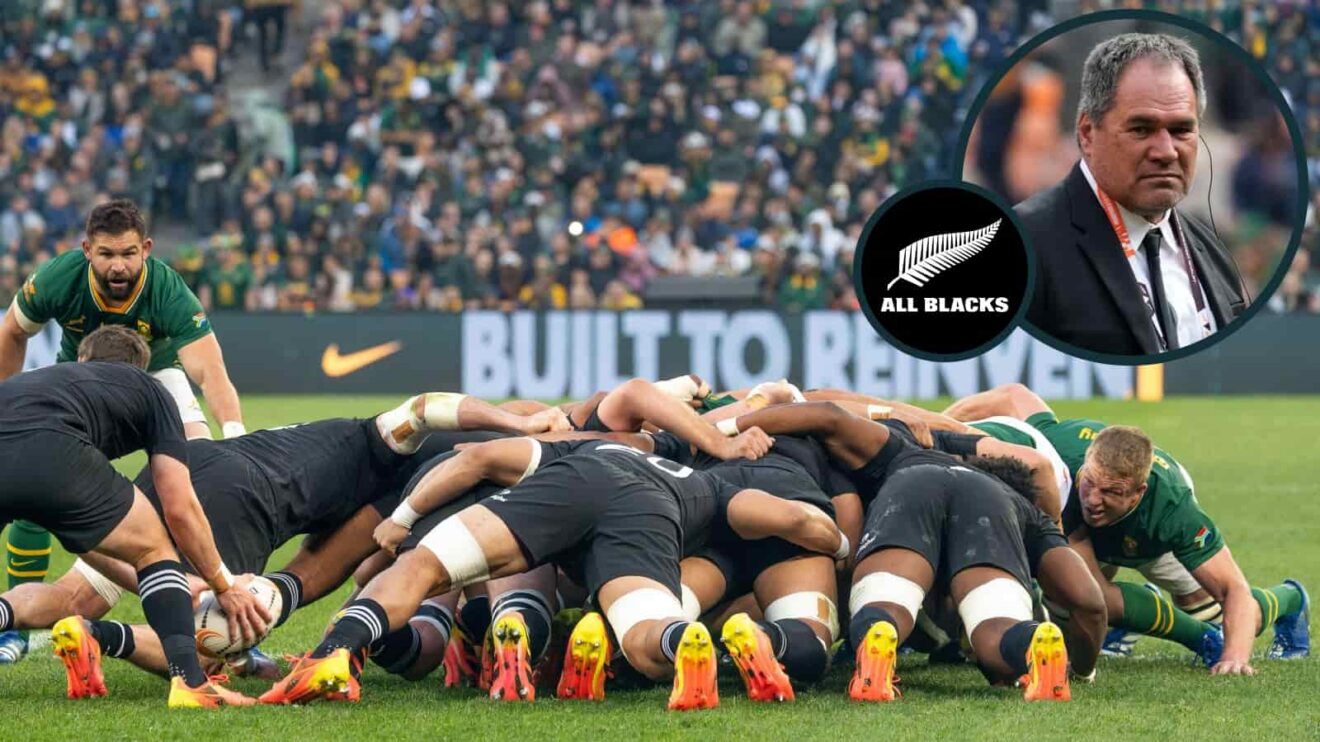 Scrum between the Springboks and All Blacks an inset of Dave Rennie.
