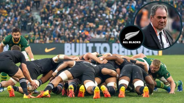 Scrum between the Springboks and All Blacks an inset of Dave Rennie.