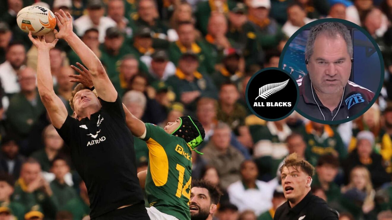 Jordie Barrett competes for possession with Springboks winger Cheslin Kolbe and an inset of All Blacks boss Dave Rennie.