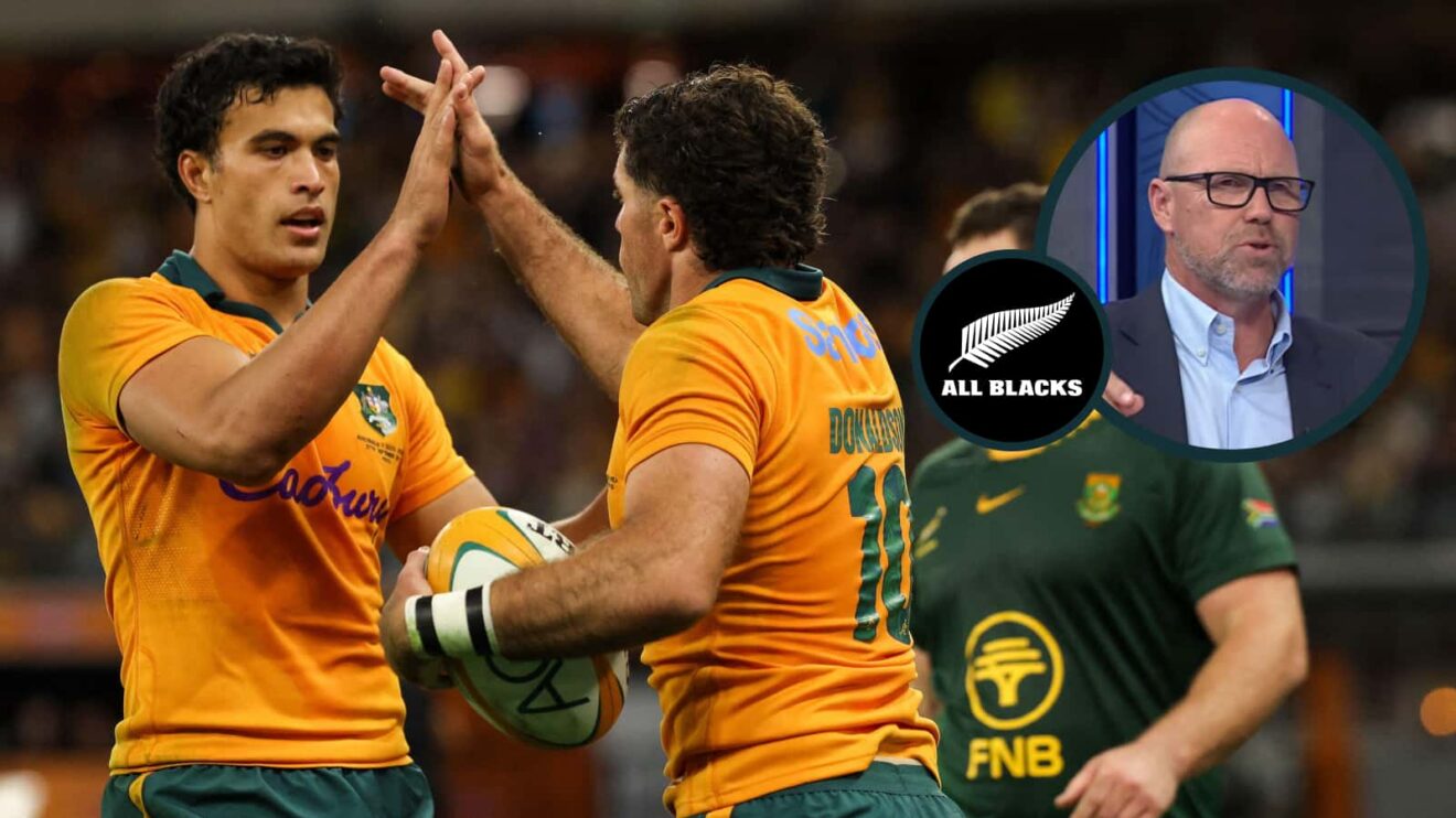 Ben Donaldson celebrates with Joseph-Aukuso Suaalii and an inset of All Blacks legend Jeff Wilson.