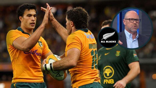 Ben Donaldson celebrates with Joseph-Aukuso Suaalii and an inset of All Blacks legend Jeff Wilson.