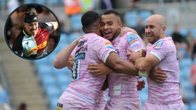 A two layered image of Gloucester players and Cadan Murley