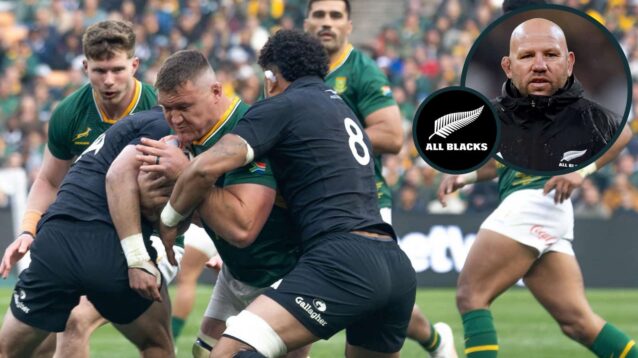 Springboks forward Jasper Wiese is tackled by two All Blacks players and an inset of Jason Ryan.