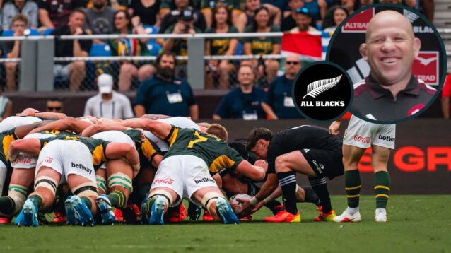 Scrum between New Zealand and South Africa with an inset of All Blacks assistant Jason Ryan.