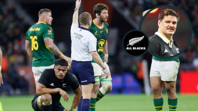 All Blacks' Tupou Vaa'i and referee Angus Gardner during the Rugby's Greatest Rivalry match against the Springboks.