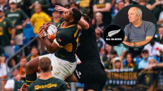 Springboks winning high ball battle against the All Blacks and New Zealand legend Sir Graham Henry (inset).