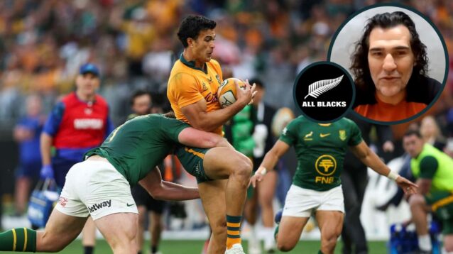Joseph-Aukuso Suaalii of the Wallabies and an inset of Springboks legend Victor Matfield.