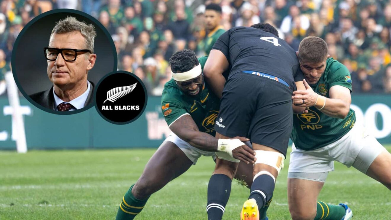 Springboks Siya Kolisi and Malcolm Marx tackle All Blacks lock Patrick Tuipulotu and an inset of Sir John Kirwan.