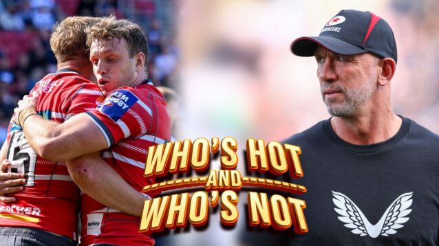 A two panel image of Gloucester players and Brendan Venter
