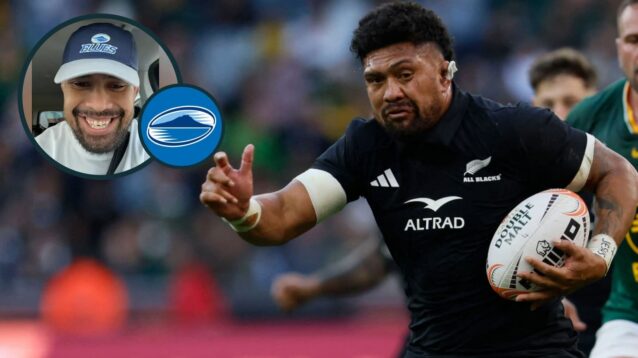 Captain Ardie Savea in action for the All Blacks and with a Blues cap on (inset).