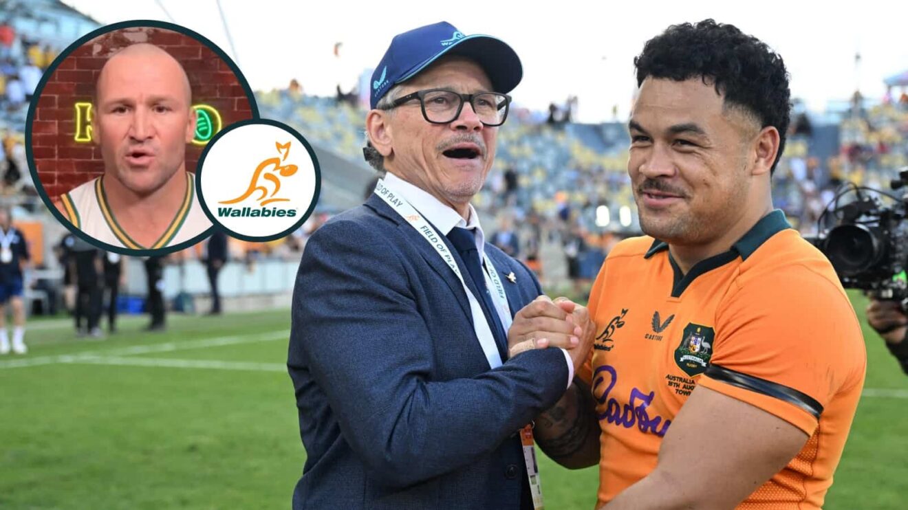 Les Kiss with Hunter Paisami and an inset of Wallabies legend Matt Giteau.