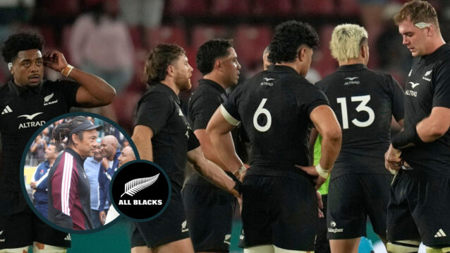 All Blacks players in action during Rugby's Greatest Rivalry tour in South Africa and assistant coach Tana Umaga (inset).