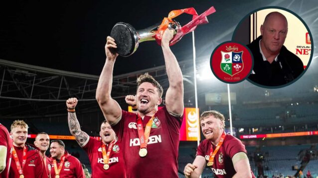 British and Irish Lions' Tom Curry celebrates with the trophy and an inset of NZ Rugby CEO Steve Lancaster.
