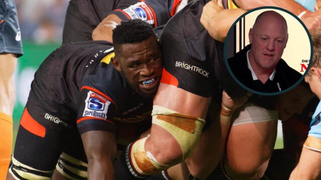 Siya Kolisi playing for the Stormers and an inset of NZ Rugby CEO Steve Lancaster.