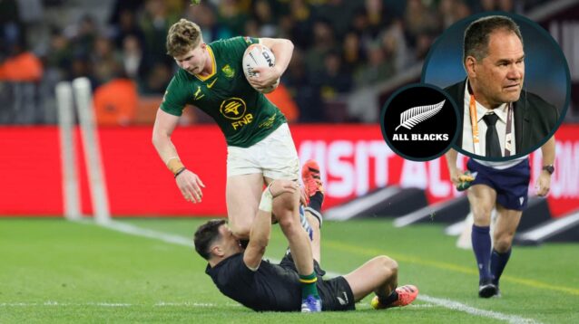 All Blacks winger Will Jordan attempts to tackle Springboks back Ethan Hooker and an inset of Dave Rennie.