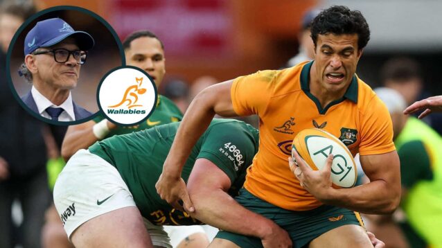 Joseph-Aukuso Suaalii of the Wallabies is tackled by Jan-Hendrik Wessels and an inset of head coach Les Kiss.