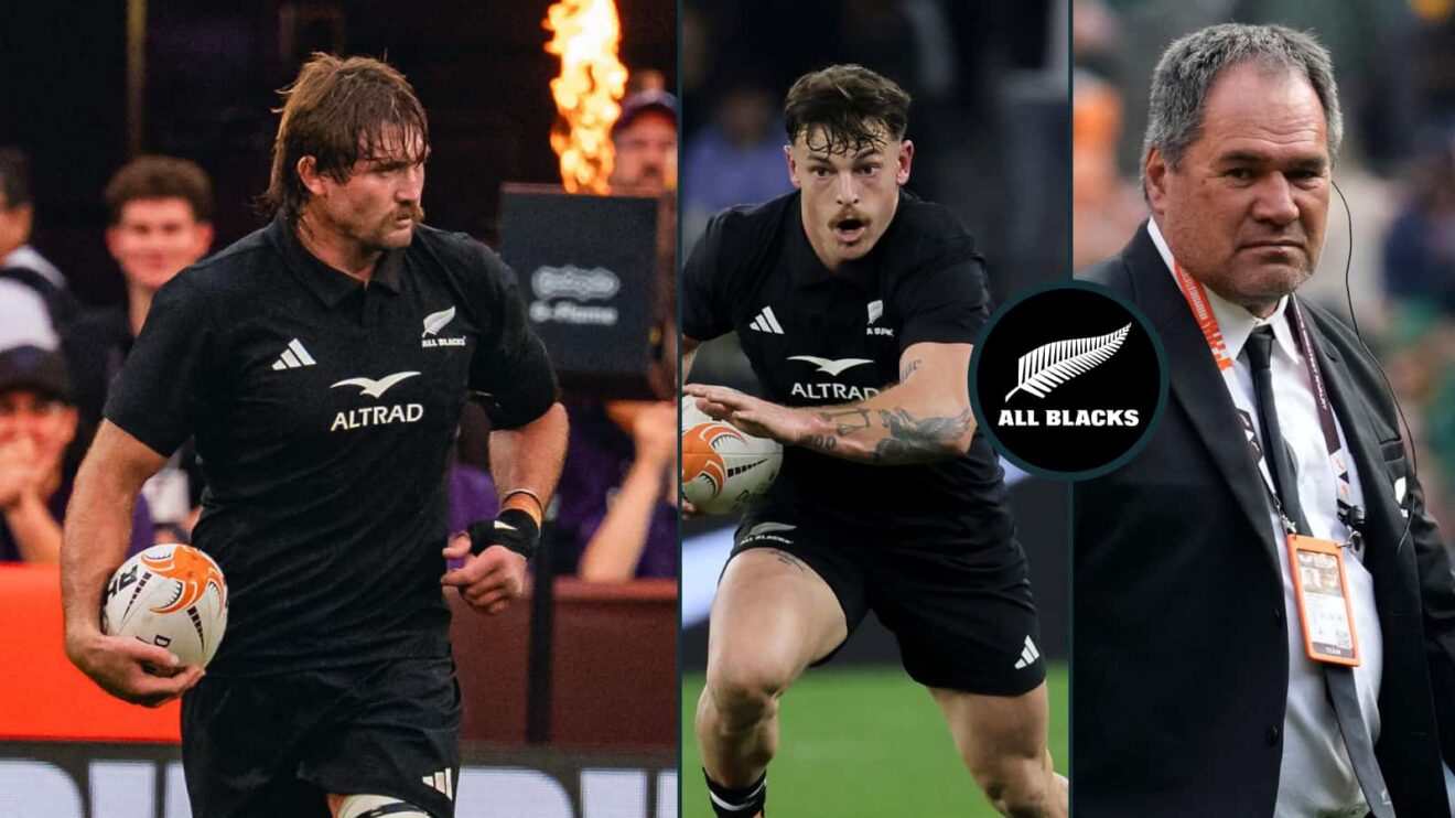 All Blacks Ethan Blackadder, Leroy Carter and head coach Dave Rennie.