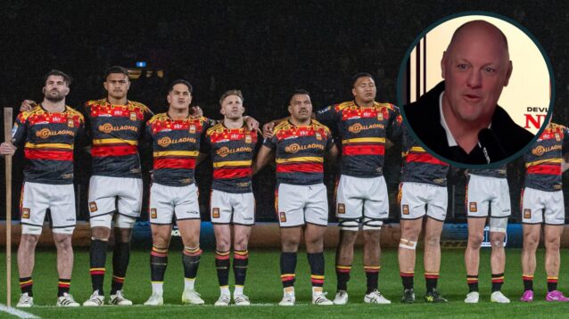 Chiefs players with an inset of New Zealand Rugby CEO Steve Lancaster