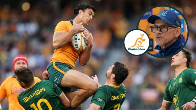 Wallabies back Joseph-Aukuso Suaalii and an inset of head coach Les Kiss.