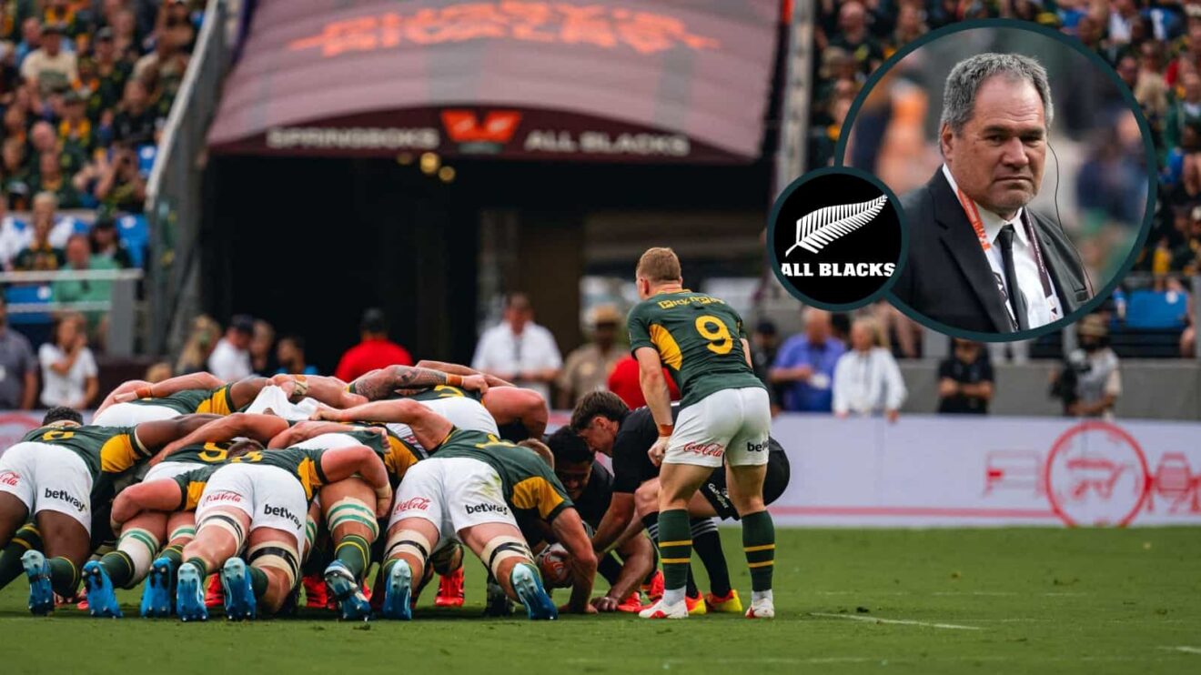 Scrum between New Zealand and South Africa with an inset of All Blacks boss Dave Rennie.