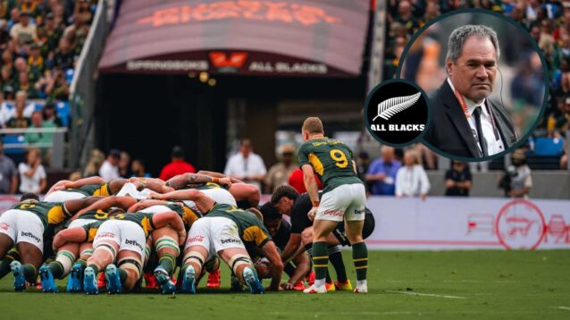 Scrum between New Zealand and South Africa with an inset of All Blacks boss Dave Rennie.