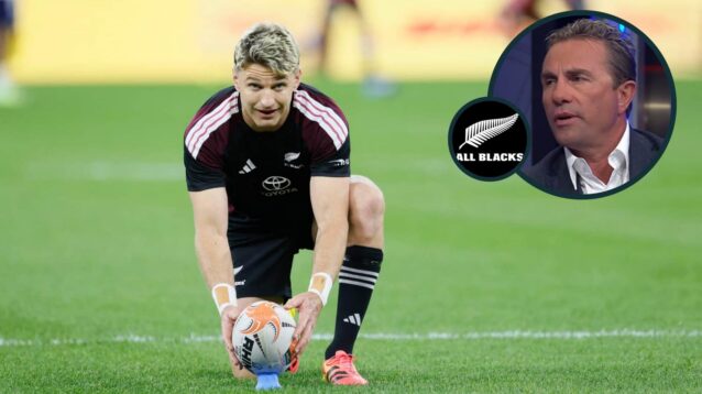 All Blacks playmaker Beauden Barret and an inset of Justin Marshall.