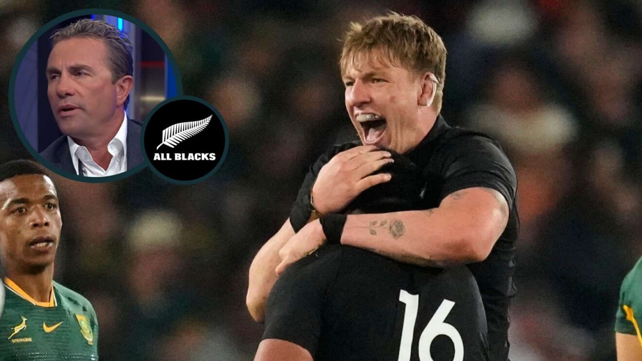 All Blacks lock Fabian Holland and an inset of former scrum-half Justin Marshall.