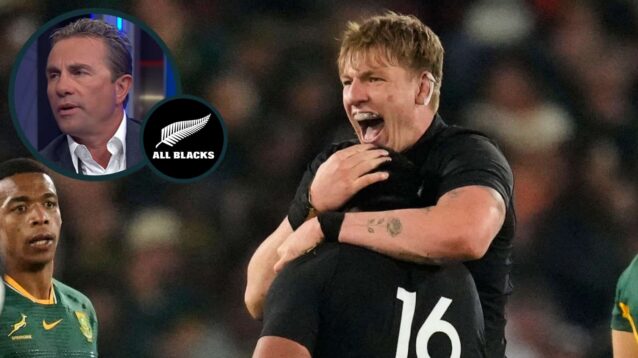 All Blacks lock Fabian Holland and an inset of former scrum-half Justin Marshall.