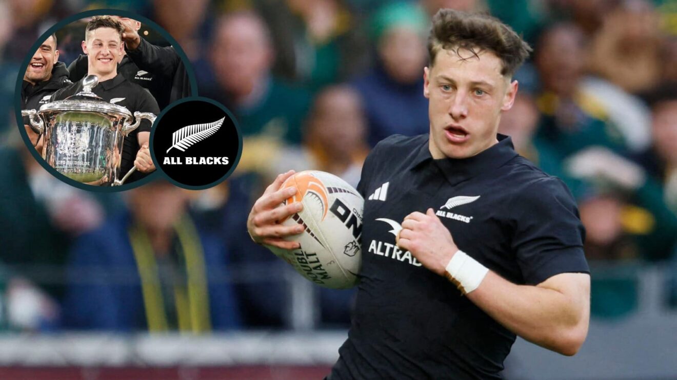 Cam Roigard in action against the Springboks and the scrum-half holding the Bledisloe Cup (inset).