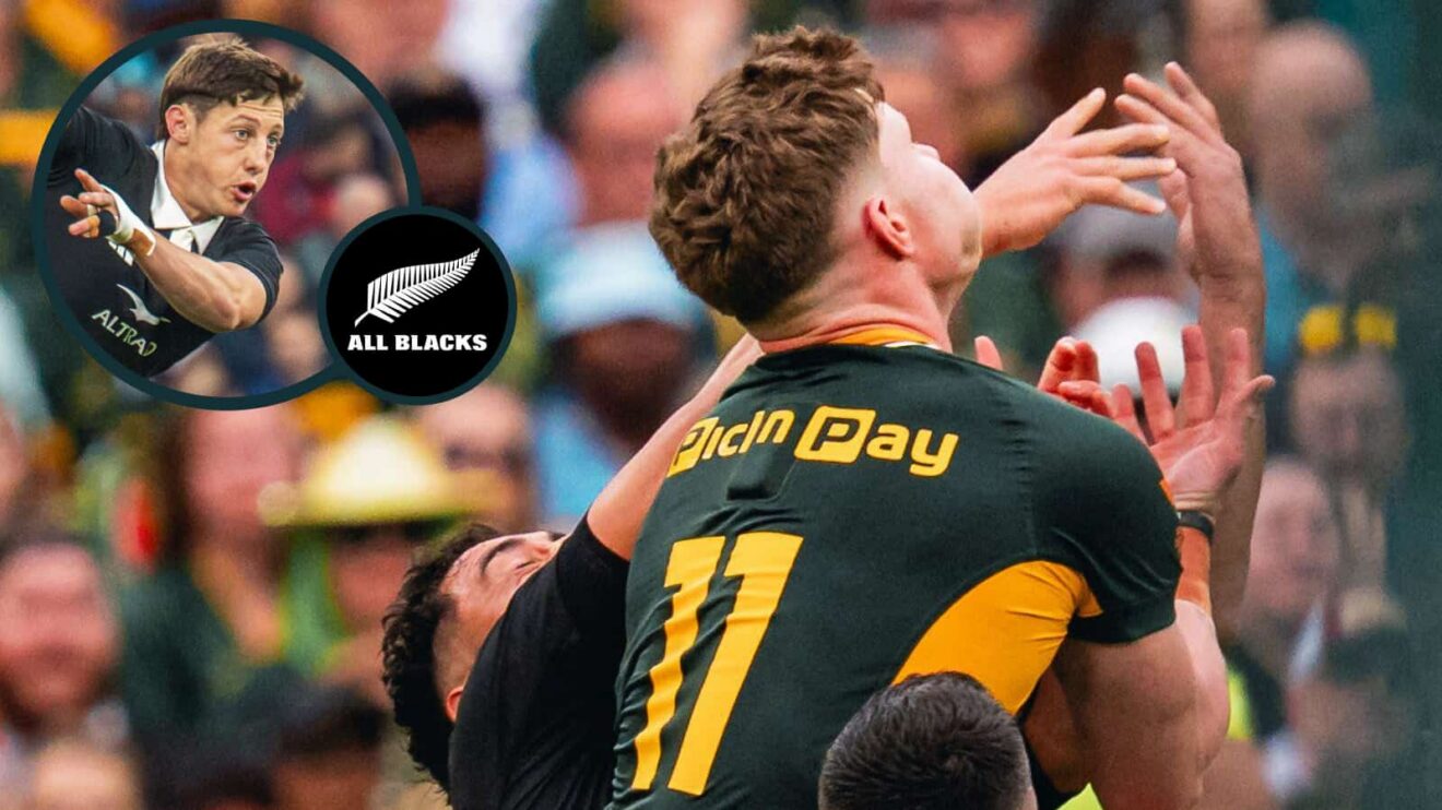 Springboks winning high ball battle against All Blacks, and New Zealand scrum-half Cam Roigard (inset).