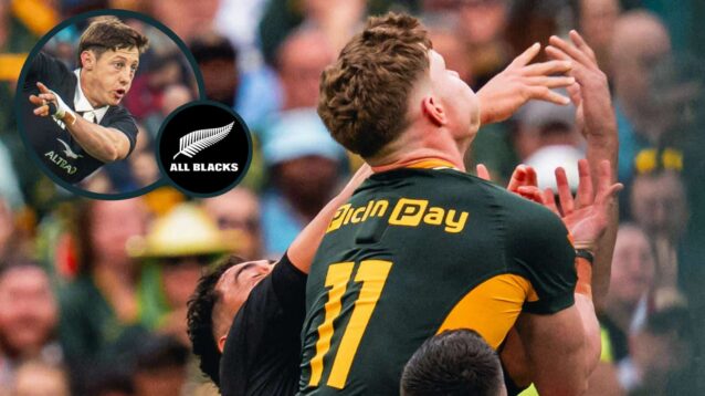 Springboks winning high ball battle against All Blacks, and New Zealand scrum-half Cam Roigard (inset).