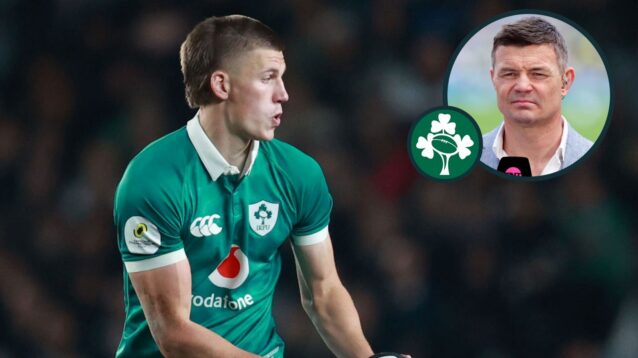 Sam Prendergast in action for Ireland and legendary player Brian O'Driscoll (inset).