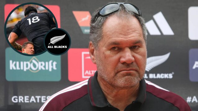 All Blacks head coach Dave Rennie and omitted prop Tyrel Lomax (inset).