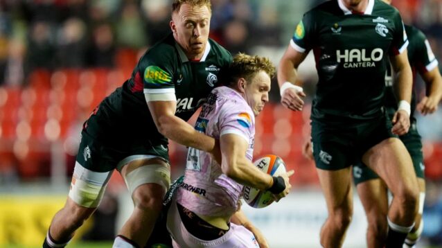 Gloucester wing Ollie Thorley held against Leicester Tigers.