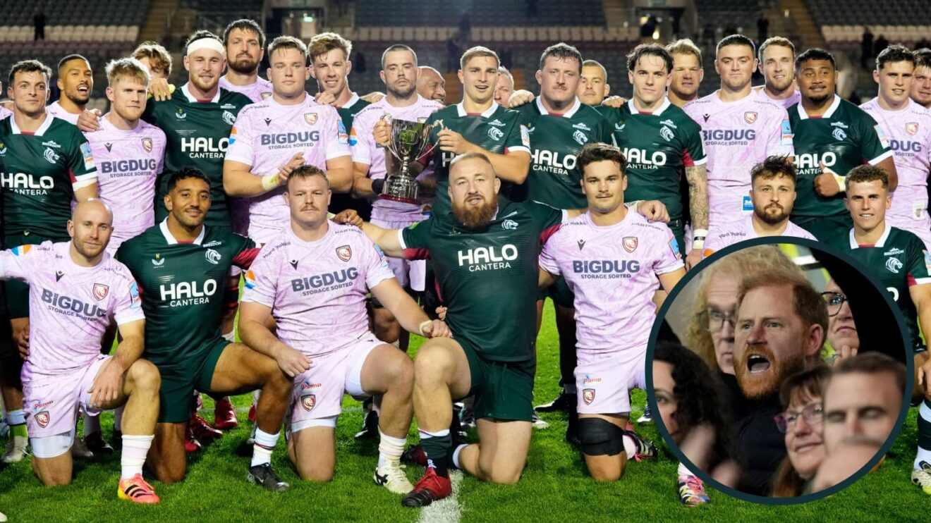 Leicester Tigers and Gloucester players with Slater Cup.