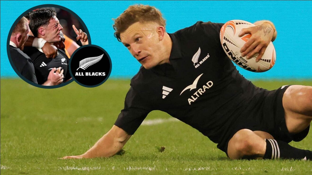Damian McKenzie and Cam Roigard (inset) in action for the All Blacks.