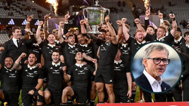 The All Blacks celebrate another Bledisloe Cup triumph and Wallabies head coach Les Kiss (inset).