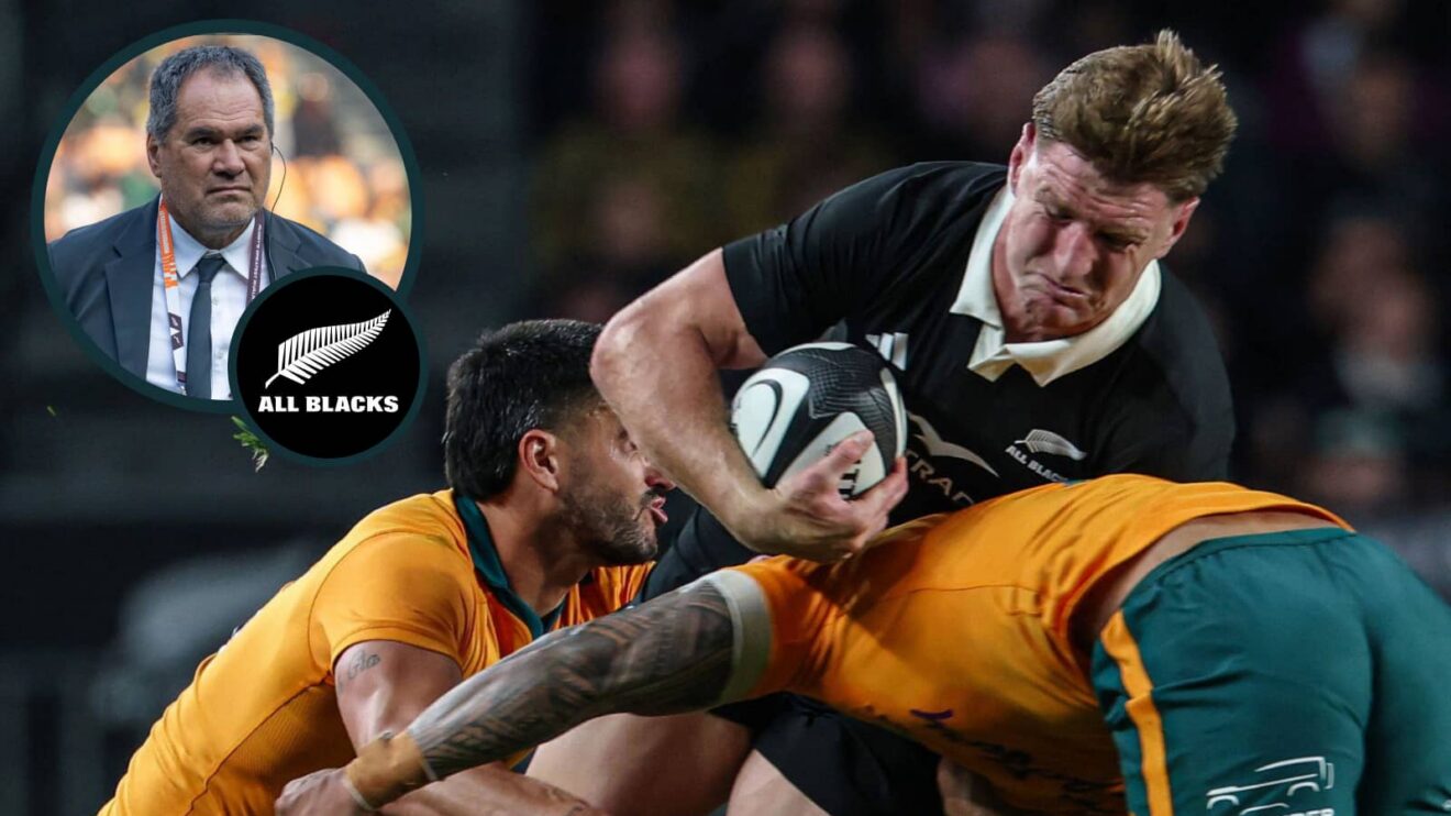 Jordie Barrett in action against the Wallabies and All Blacks boss Dave Rennie (inset).