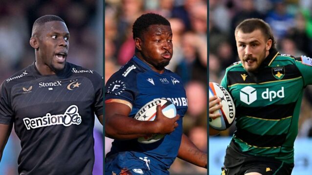 A three panel image of Maro Itoje (left), Nathan Jibulu (centre) and Ollie Sleightholme (right)
