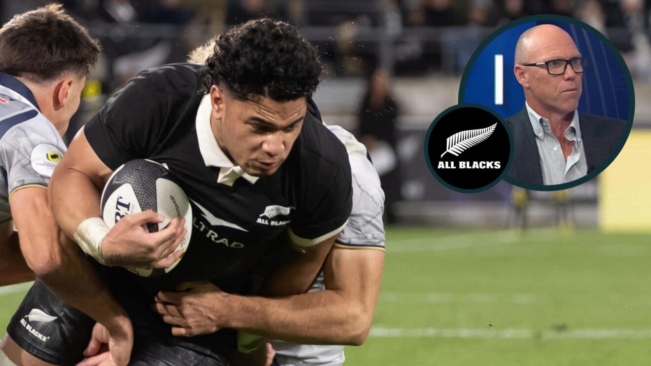 Wallace Sititi in action for All Blacks against Italy and New Zealand great Jeff Wilson (inset).