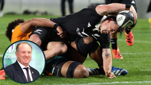 All Blacks wing Leroy Carter injured after Rob Valetini tackle and World Rugby chair Brett Robinson (inset).