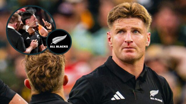 All Blacks centre Jordie Barrett and an inset of Cam Roigard.