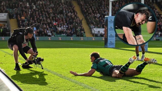 Alex Mitchell scoring one of Northampton Saints' eleven tries on Saturday.