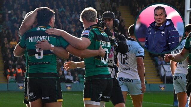 A two layered image of Northampton Saints players and Bristol Bears boss Pat Lam