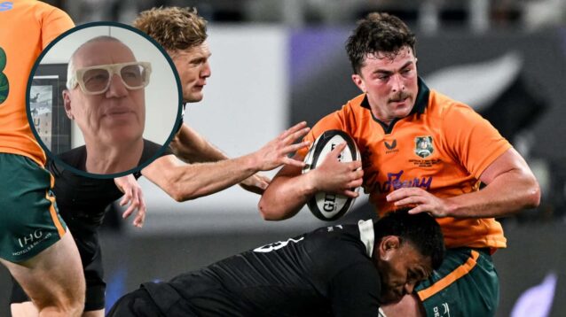 Australia's Jeremy Williams is tackled by New Zealand's Tupou Vaa'i and an inset of All Blacks legend Sir John Kirwan.