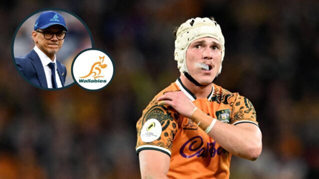 Wallabies fly-half Declan Meredith and an inset of head coach Les Kiss.