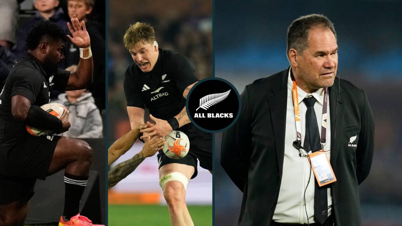 All Blacks Timoci Tavatavanawai and Fabian Holland and head coach Dave Rennie.