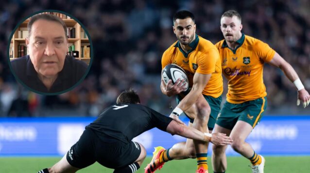 Wallabies full-back Tom Wright and an inset of ex-All Blacks head coach Sir Steve Hansen.