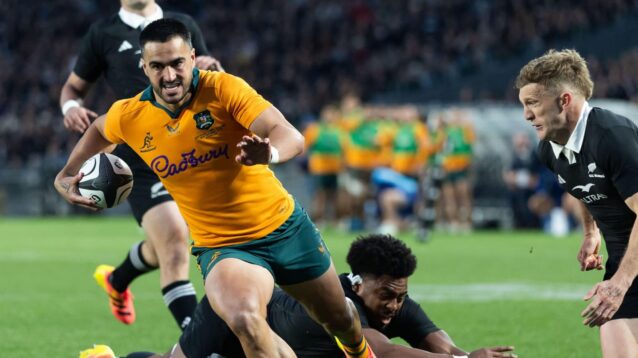 Wallabies full-back Tom Wright makes a break against All Blacks.