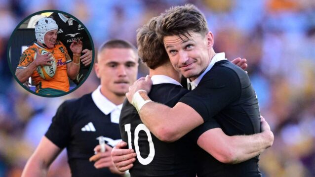 All Blacks Damian McKenzie and Beauden Barrett with an inset of Wallabies fly-half Declan Meredith.